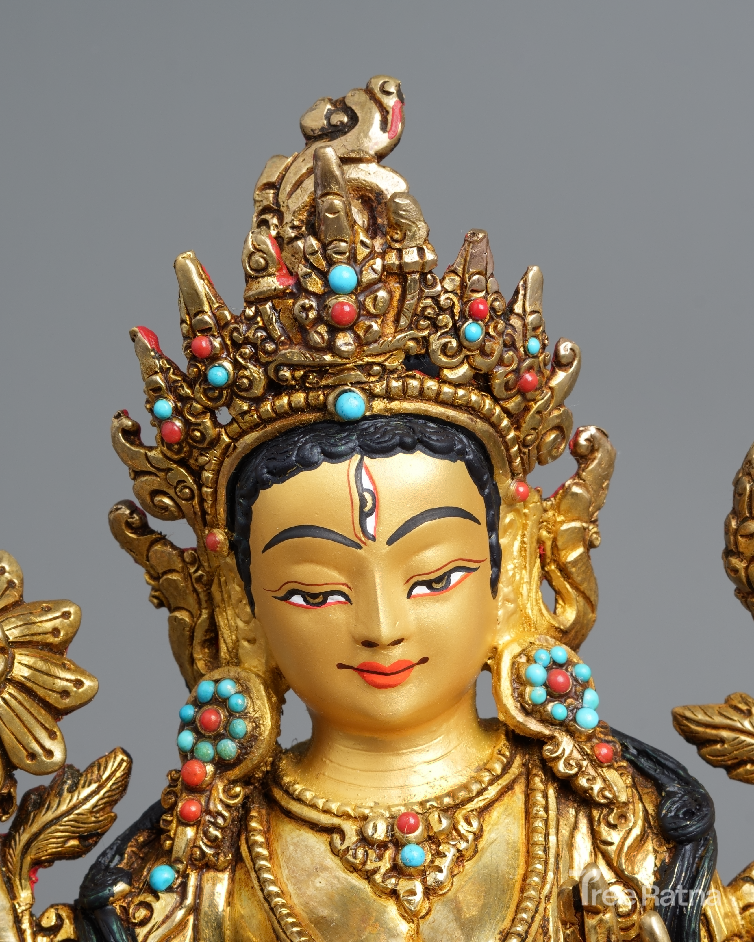 White Tara Statue with 24k Gold & Gemstone Accents – Handcrafted Divine Art