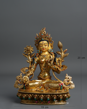 White Tara Statue with 24k Gold & Gemstone Accents – Handcrafted Divine Art
