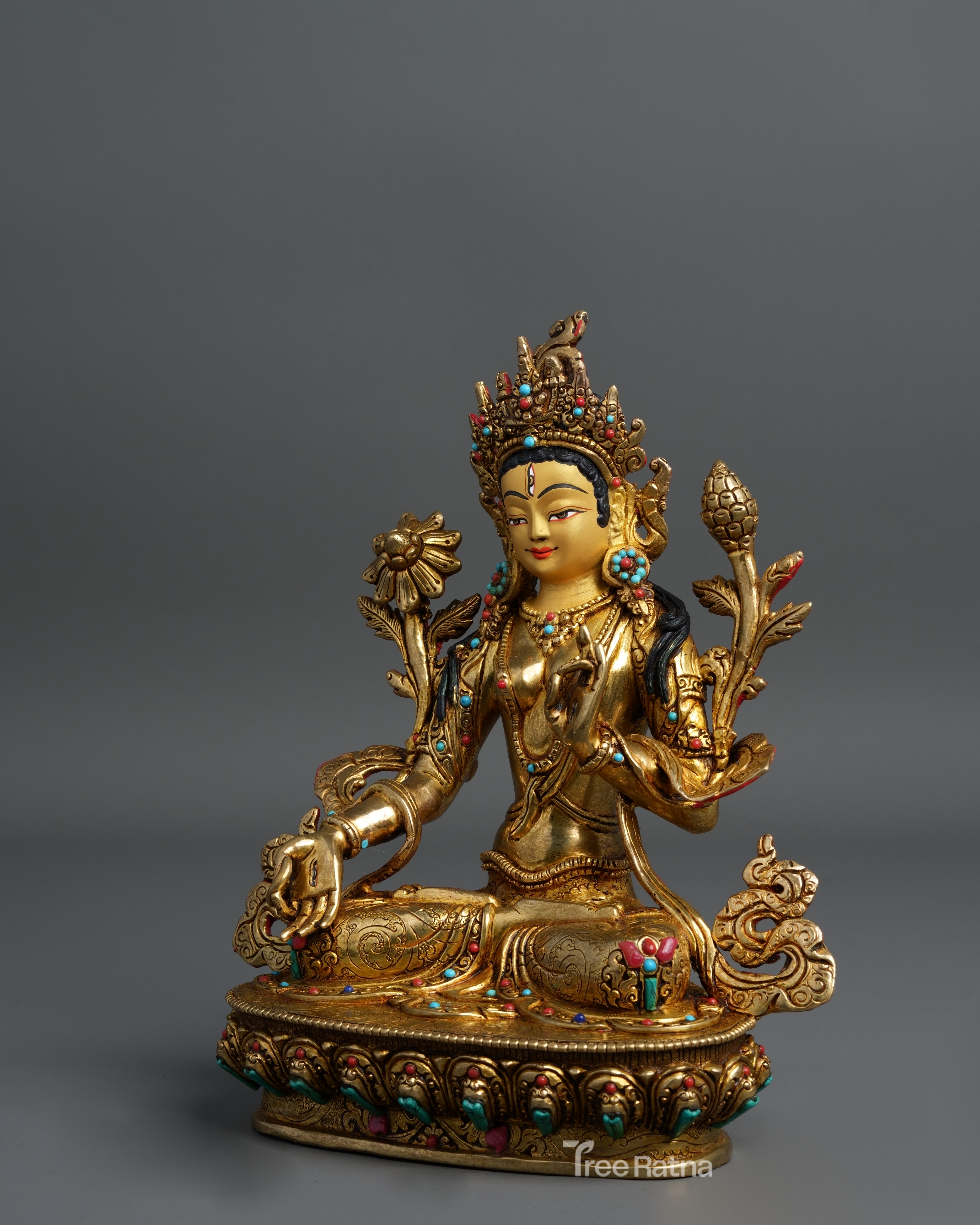 White Tara Statue with 24k Gold & Gemstone Accents – Handcrafted Divine Art