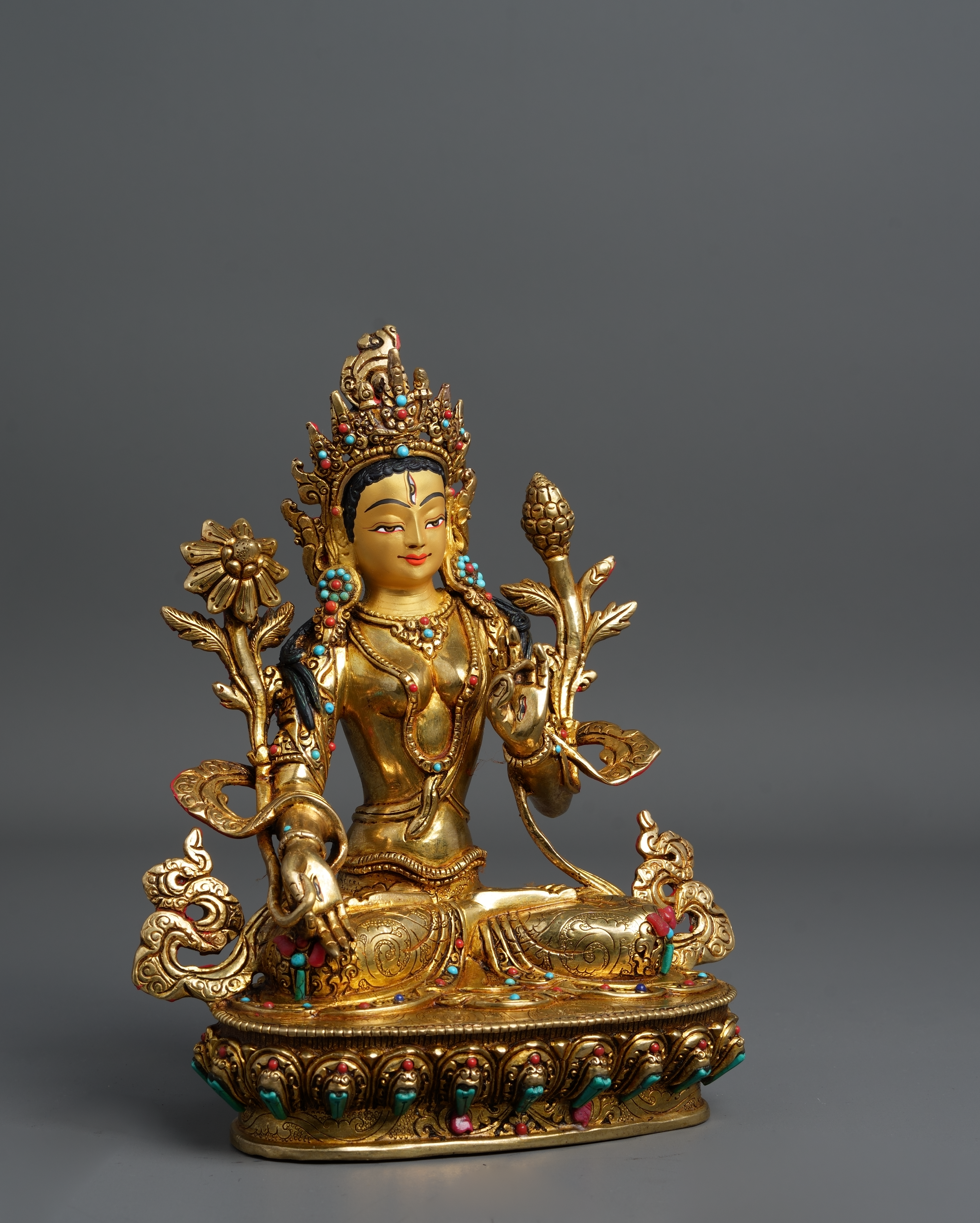 White Tara Statue with 24k Gold & Gemstone Accents – Handcrafted Divine Art