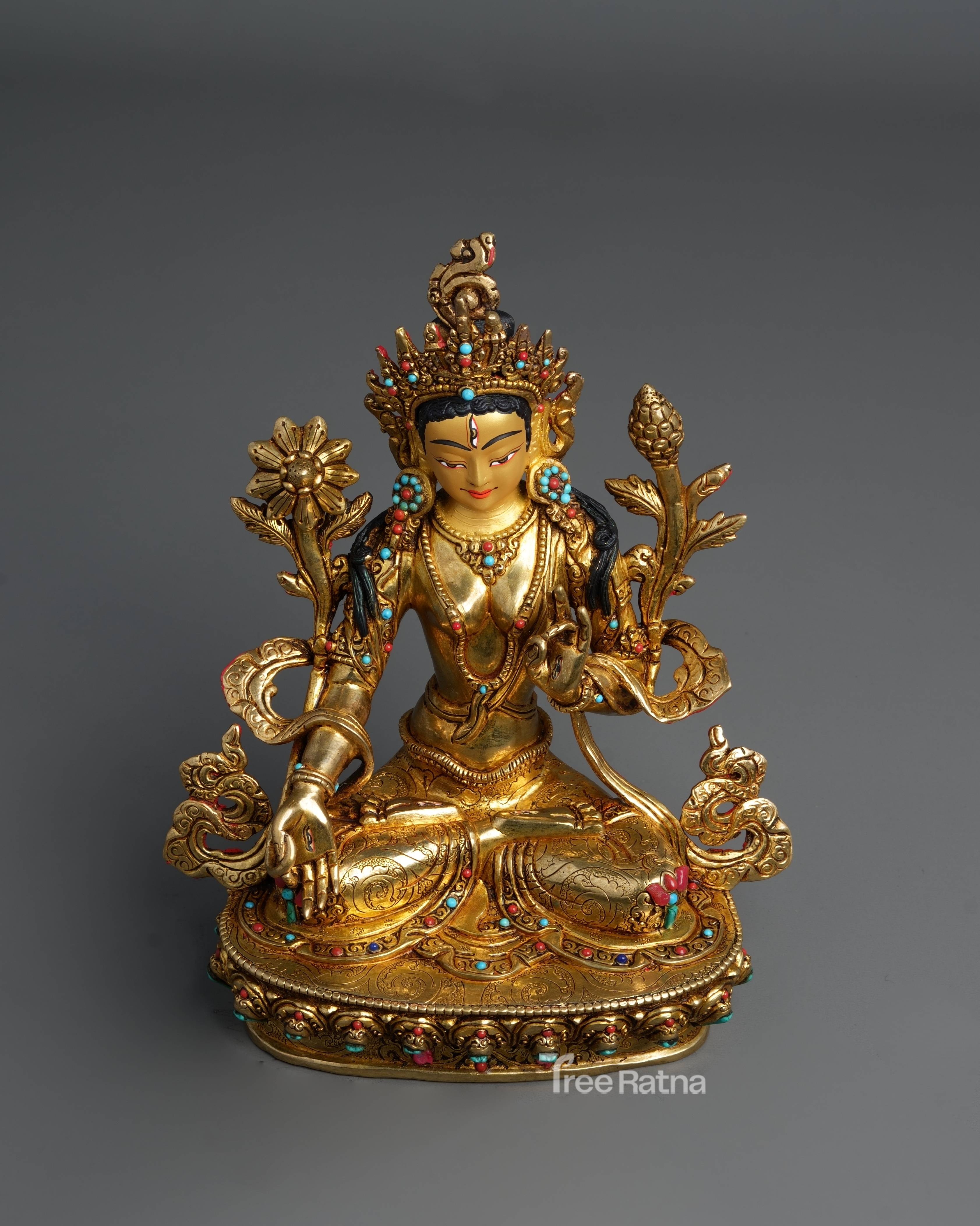White Tara Statue with 24k Gold & Gemstone Accents – Handcrafted Divine Art