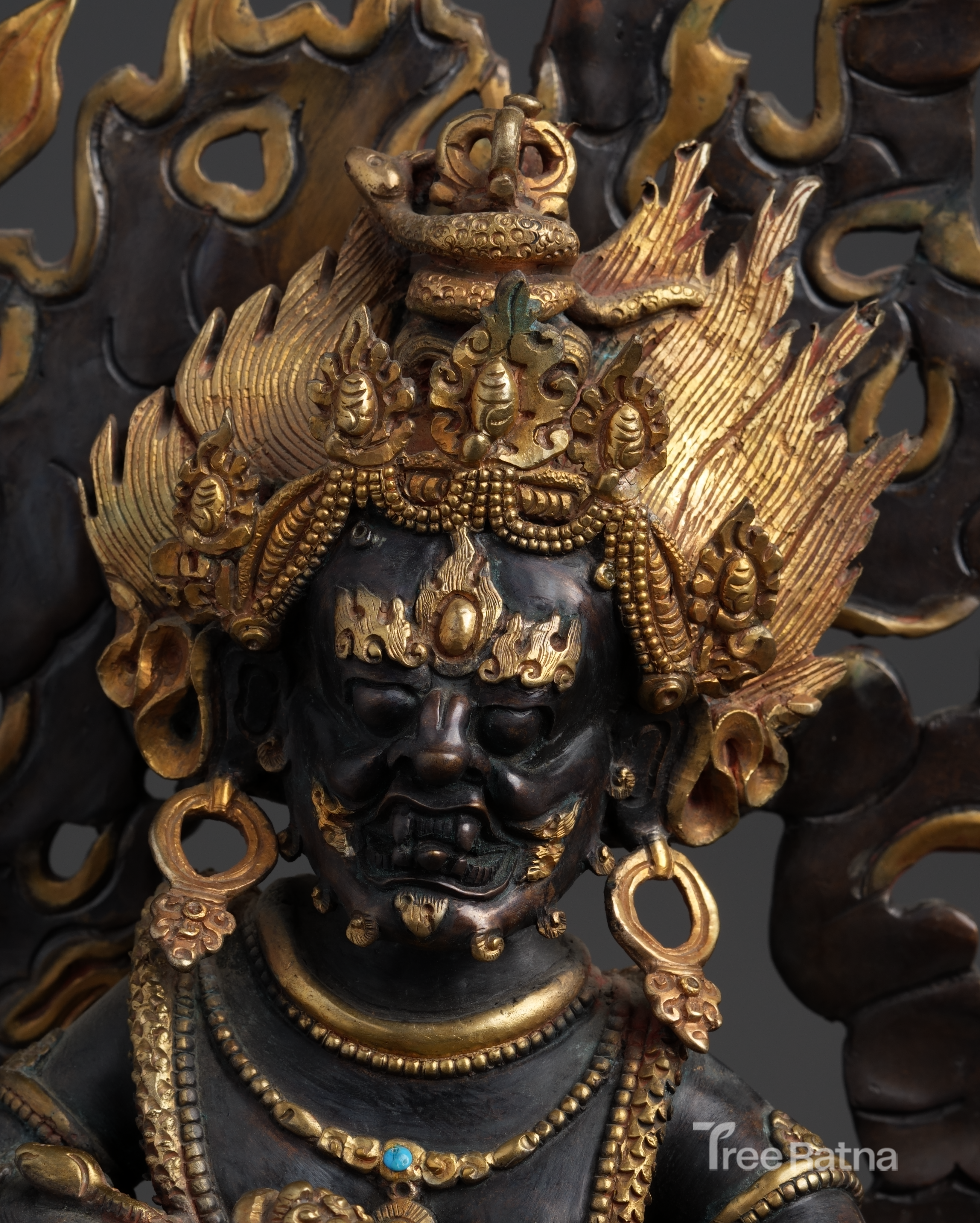 Black Dzambala Statue – Handcrafted Copper Wealth Deity with Gold & Gemstones