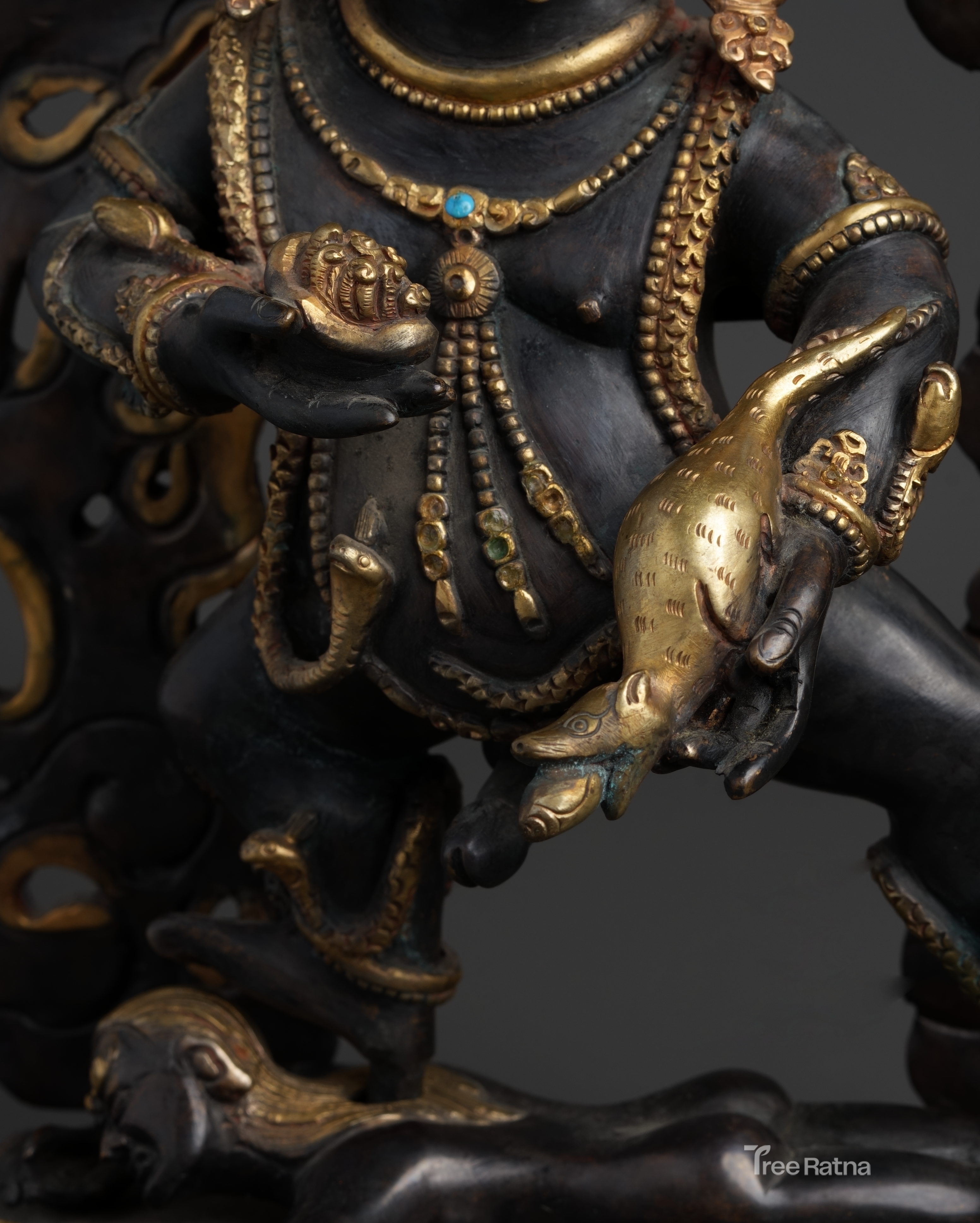 Black Dzambala Statue – Handcrafted Copper Wealth Deity with Gold & Gemstones
