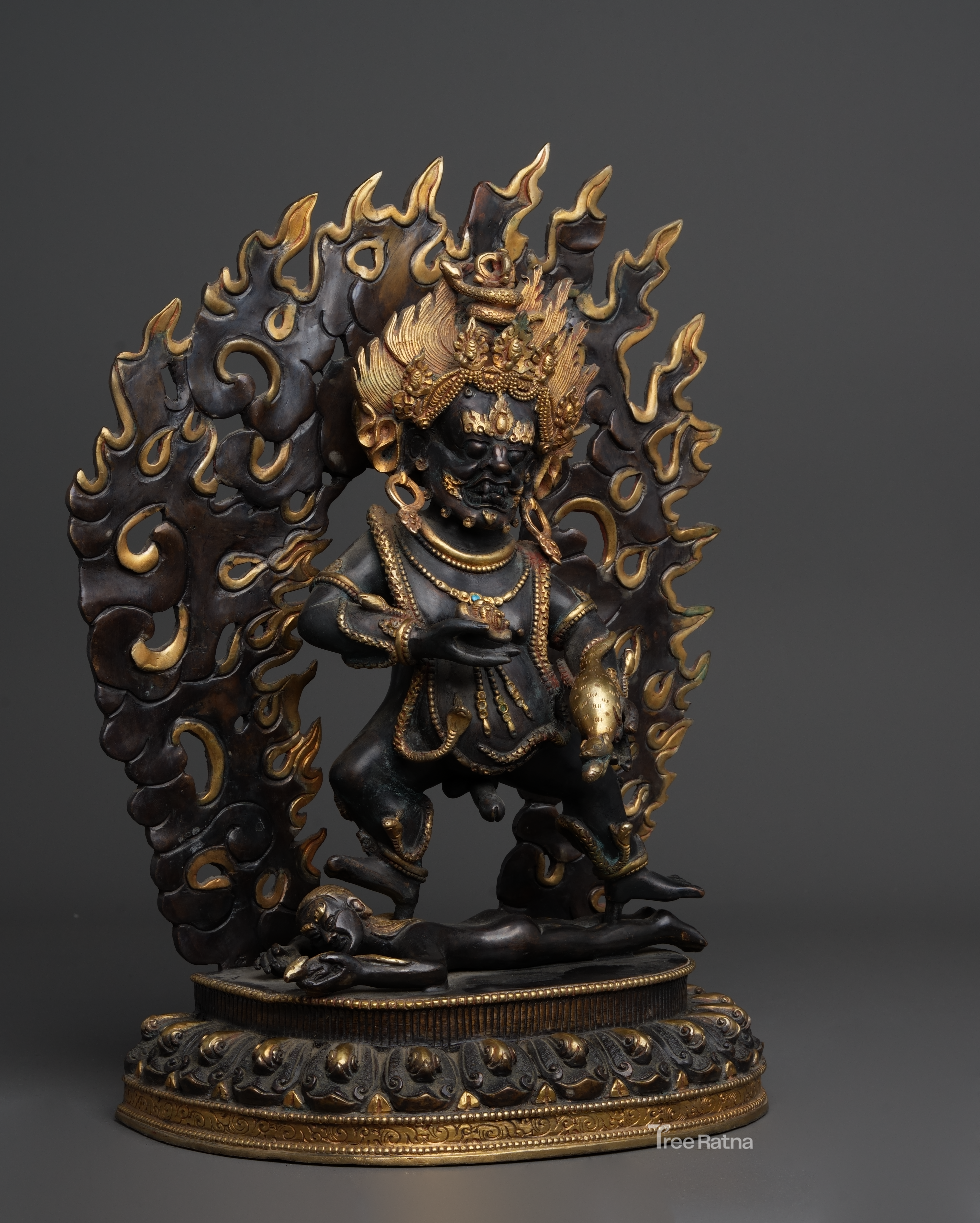 Black Dzambala Statue – Handcrafted Copper Wealth Deity with Gold & Gemstones