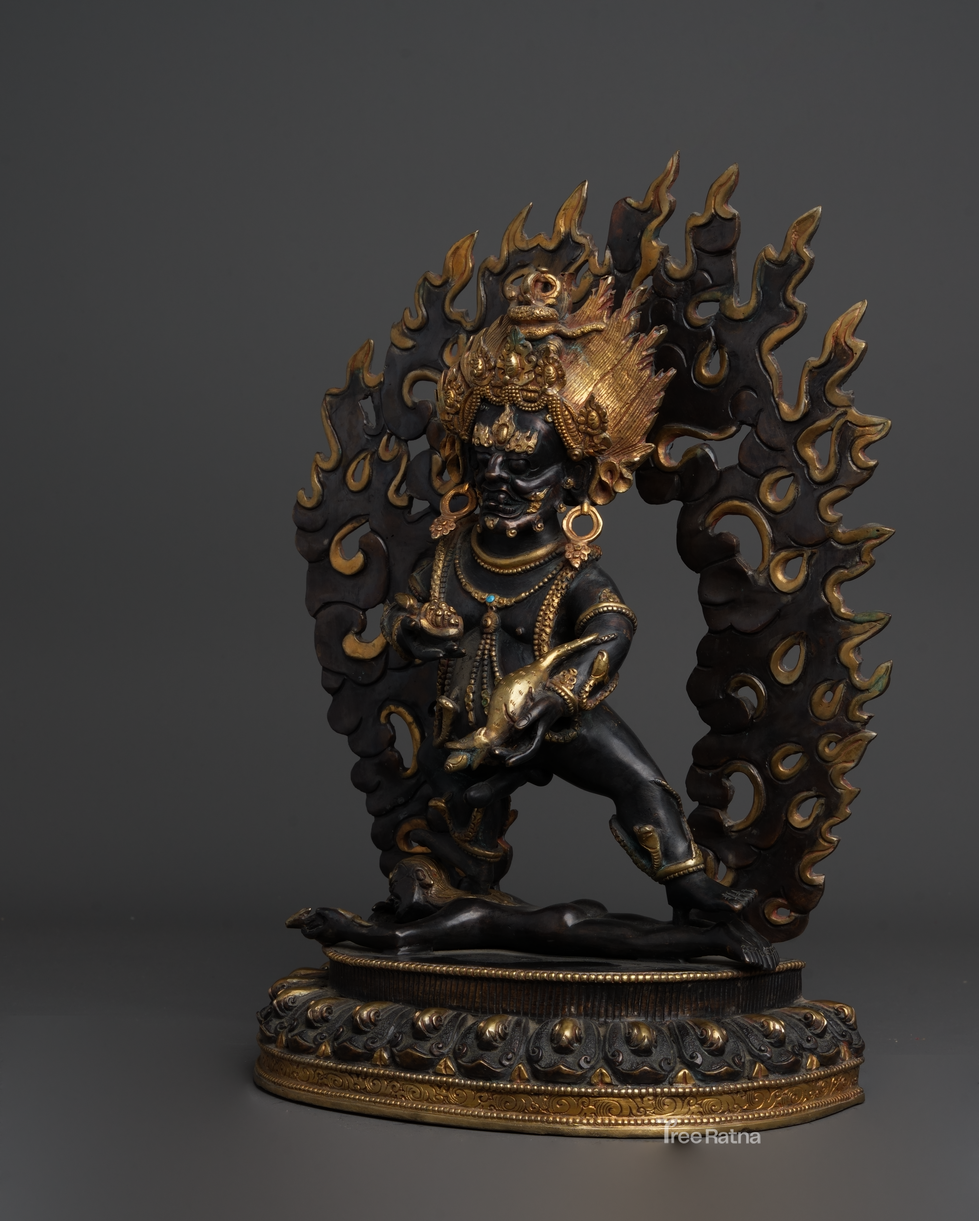 Black Dzambala Statue – Handcrafted Copper Wealth Deity with Gold & Gemstones