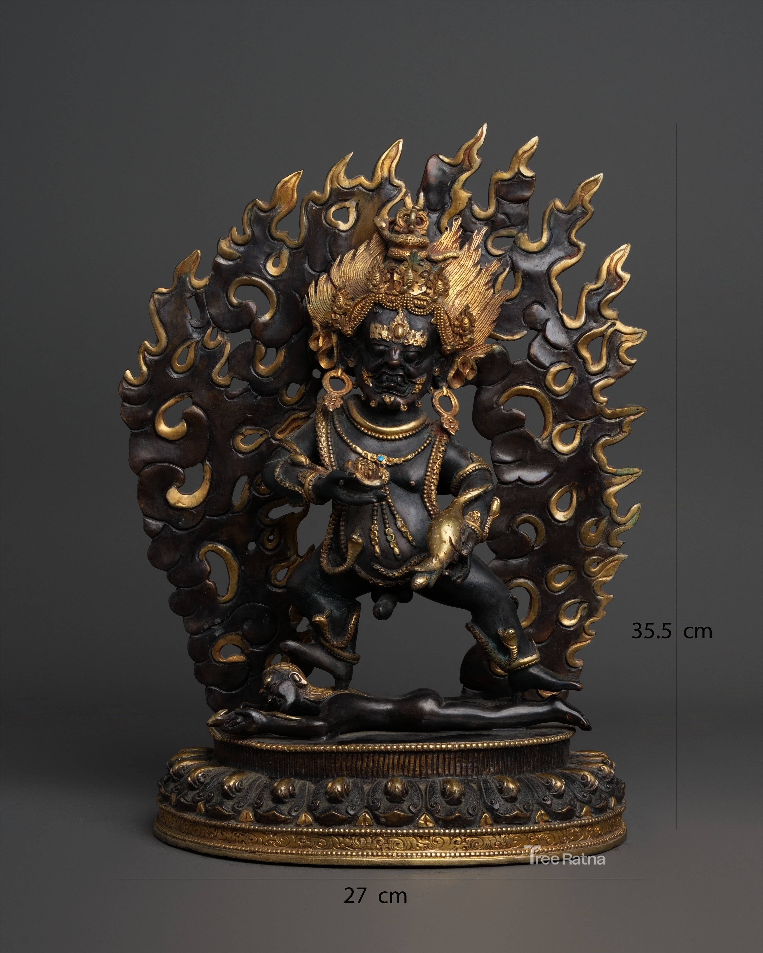 Black Dzambala Statue – Handcrafted Copper Wealth Deity with Gold & Gemstones