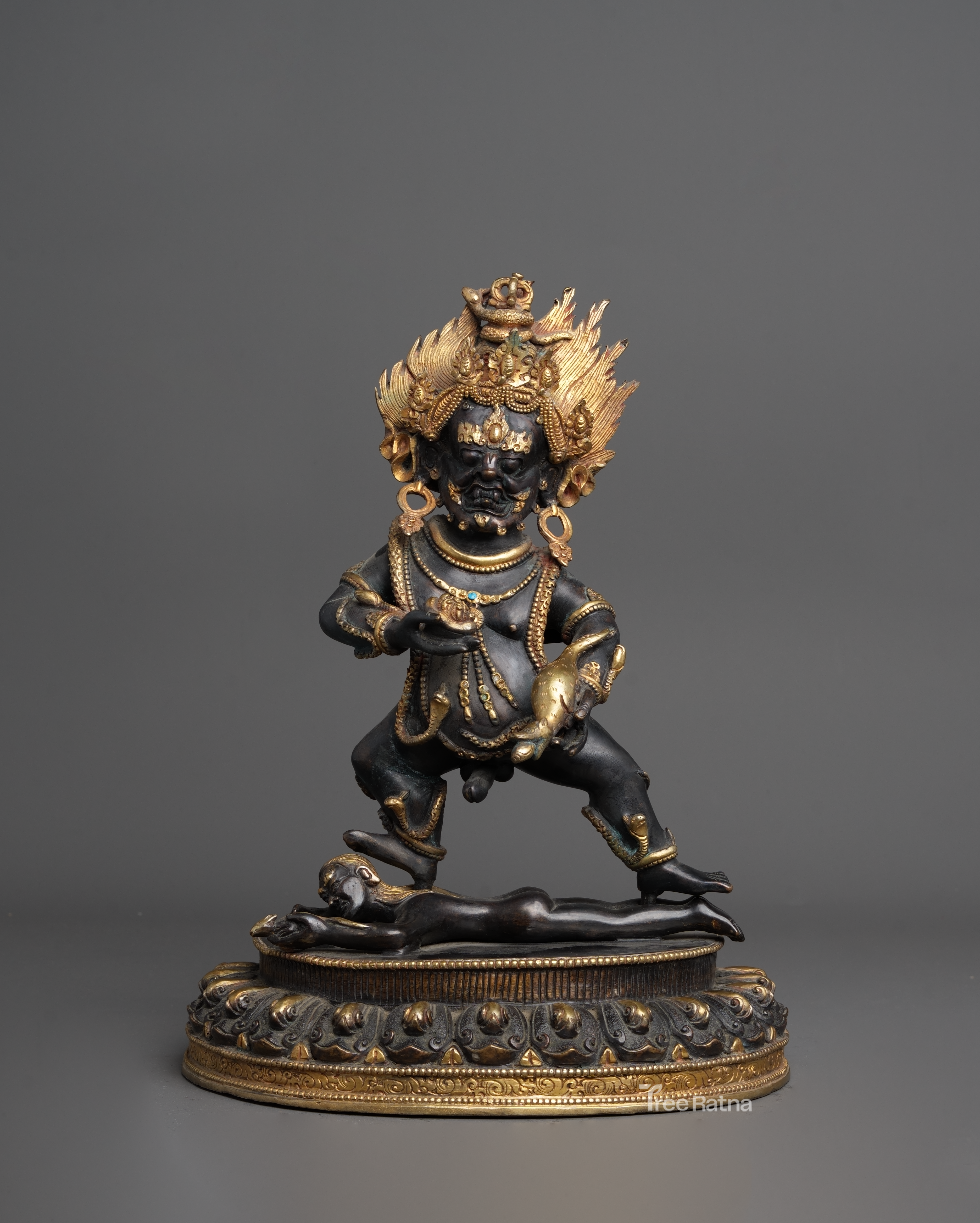 Black Dzambala Statue – Handcrafted Copper Wealth Deity with Gold & Gemstones