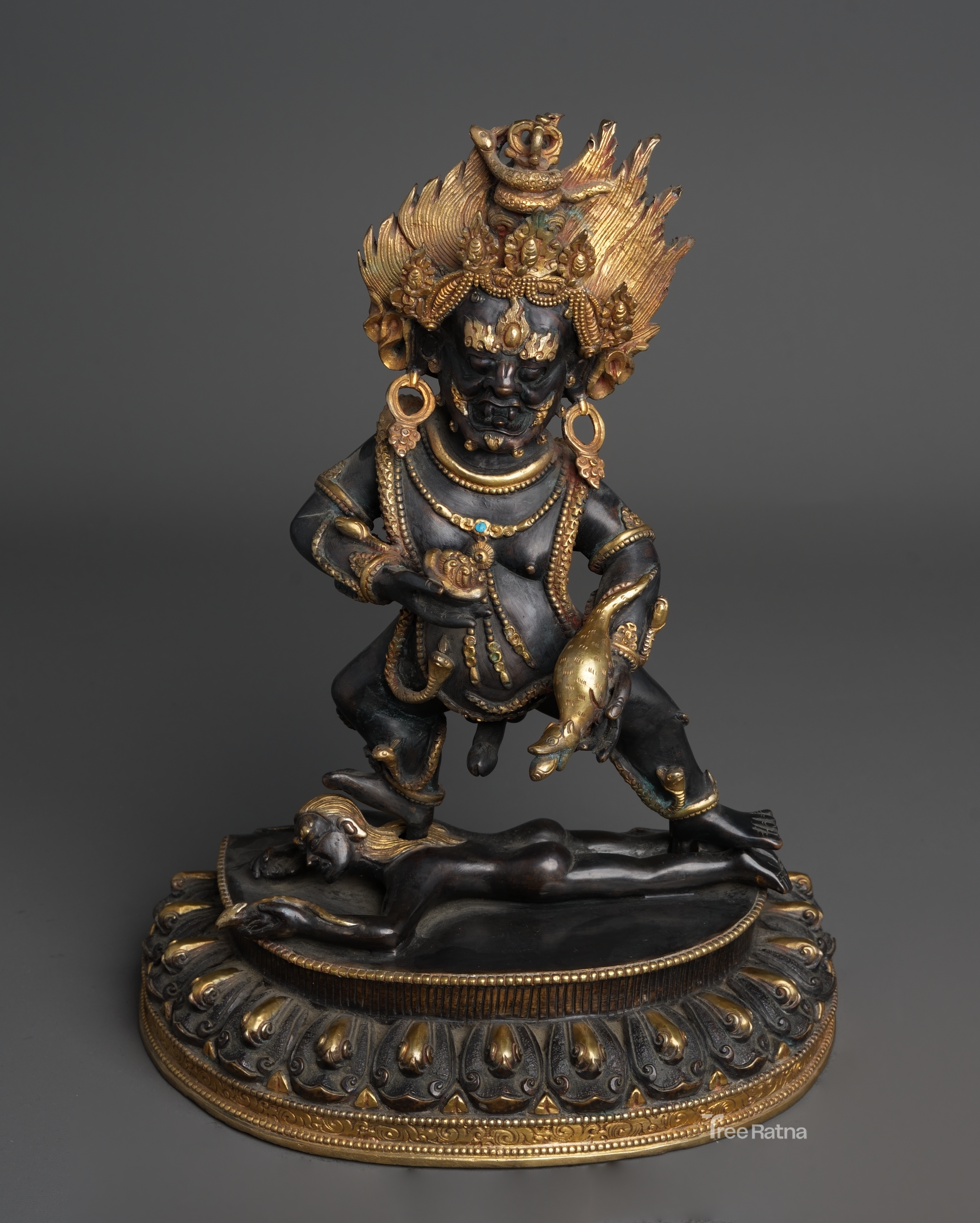 Black Dzambala Statue – Handcrafted Copper Wealth Deity with Gold & Gemstones