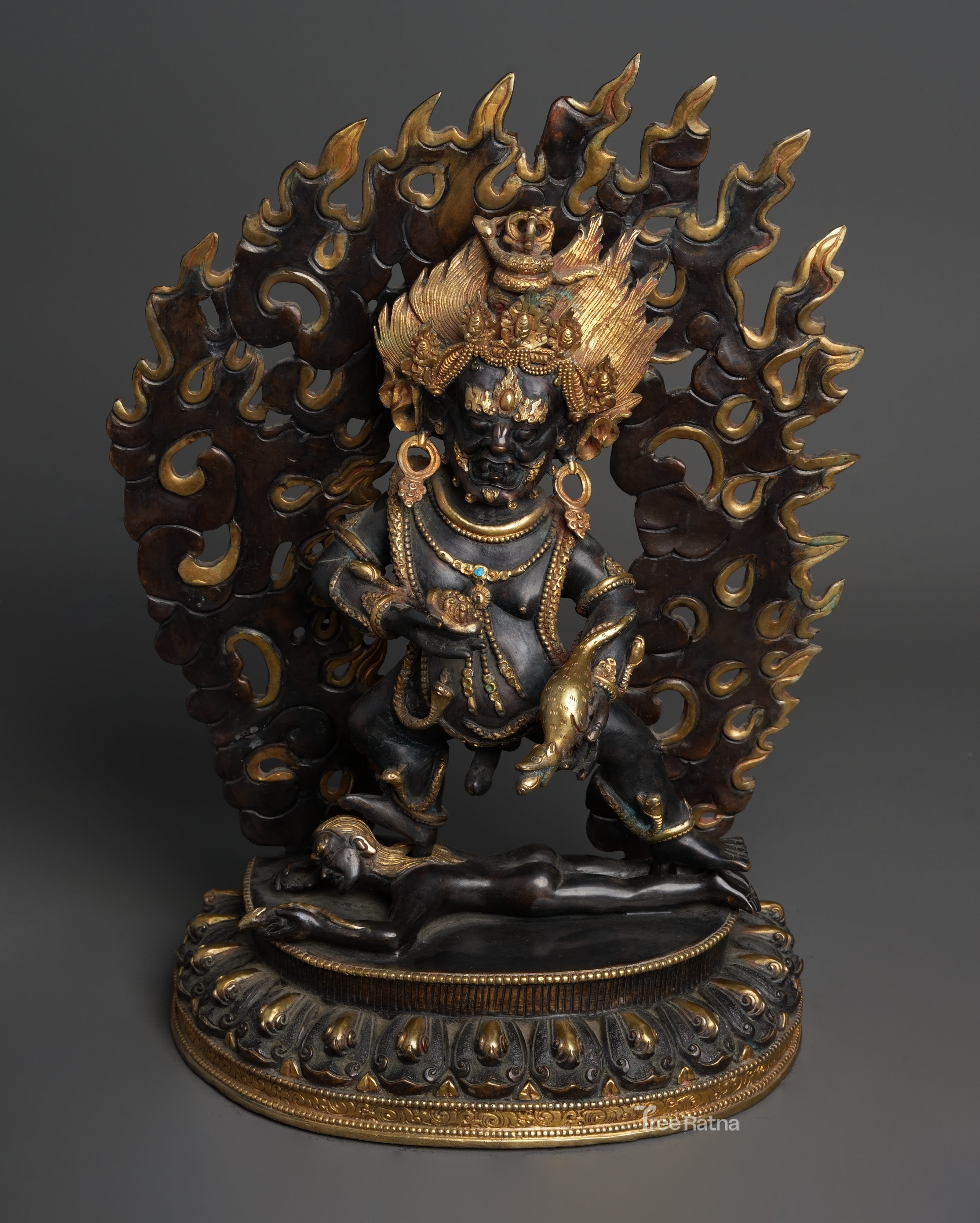 Black Dzambala Statue – Handcrafted Copper Wealth Deity with Gold & Gemstones