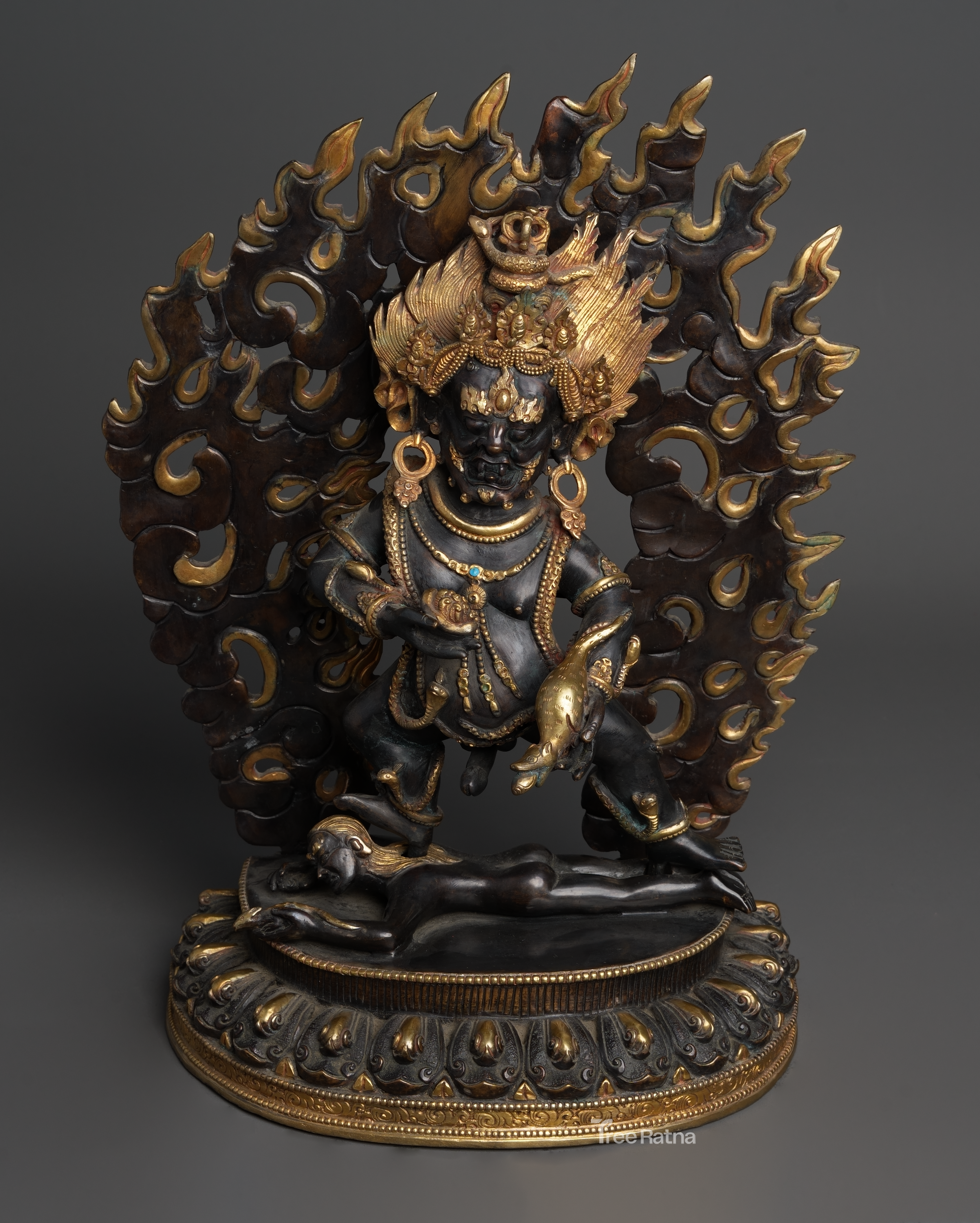 Black Dzambala Statue – Handcrafted Copper Wealth Deity with Gold & Gemstones