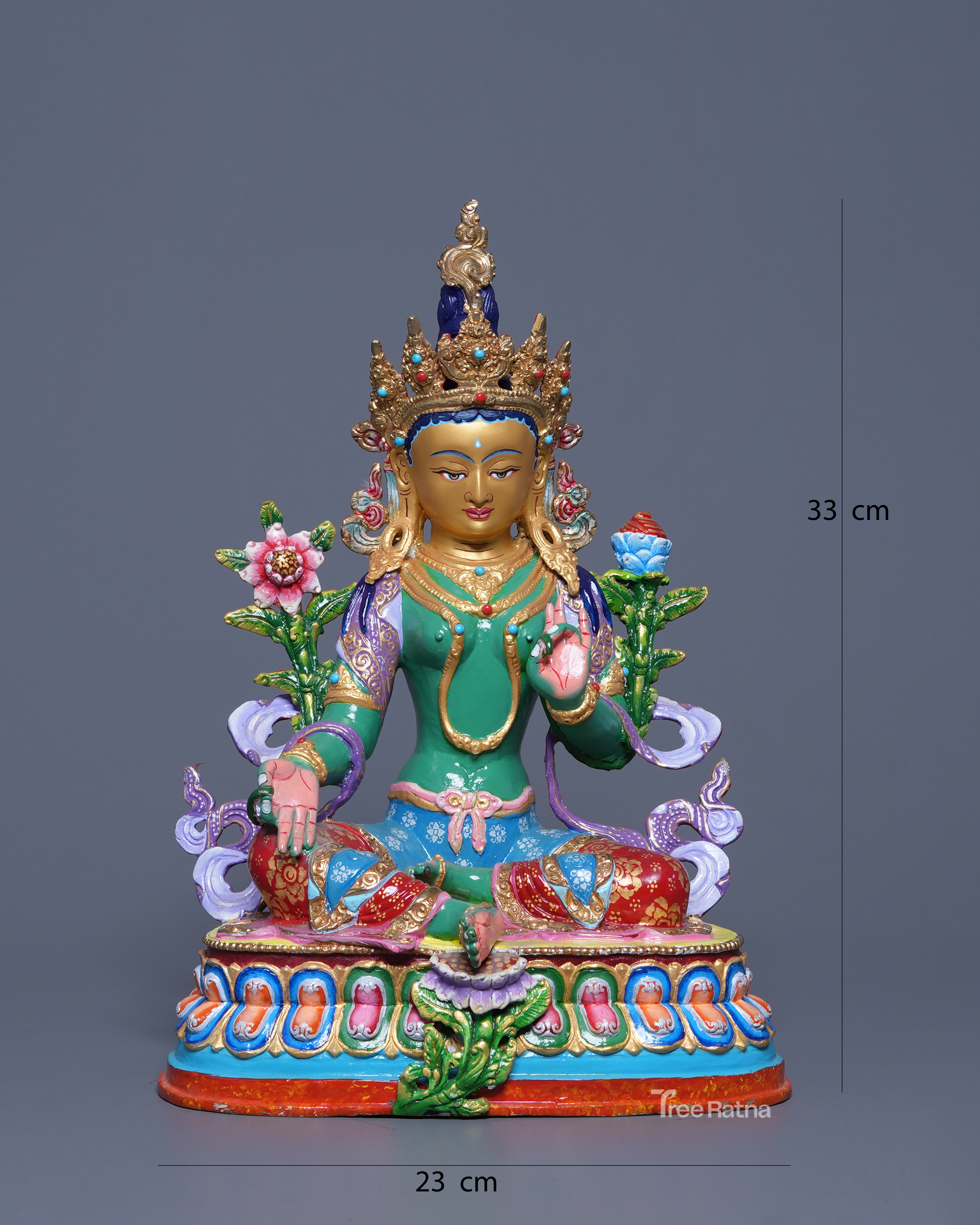 Green Tara Buddhist Statue – Copper with Acrylic & Gold Detailing