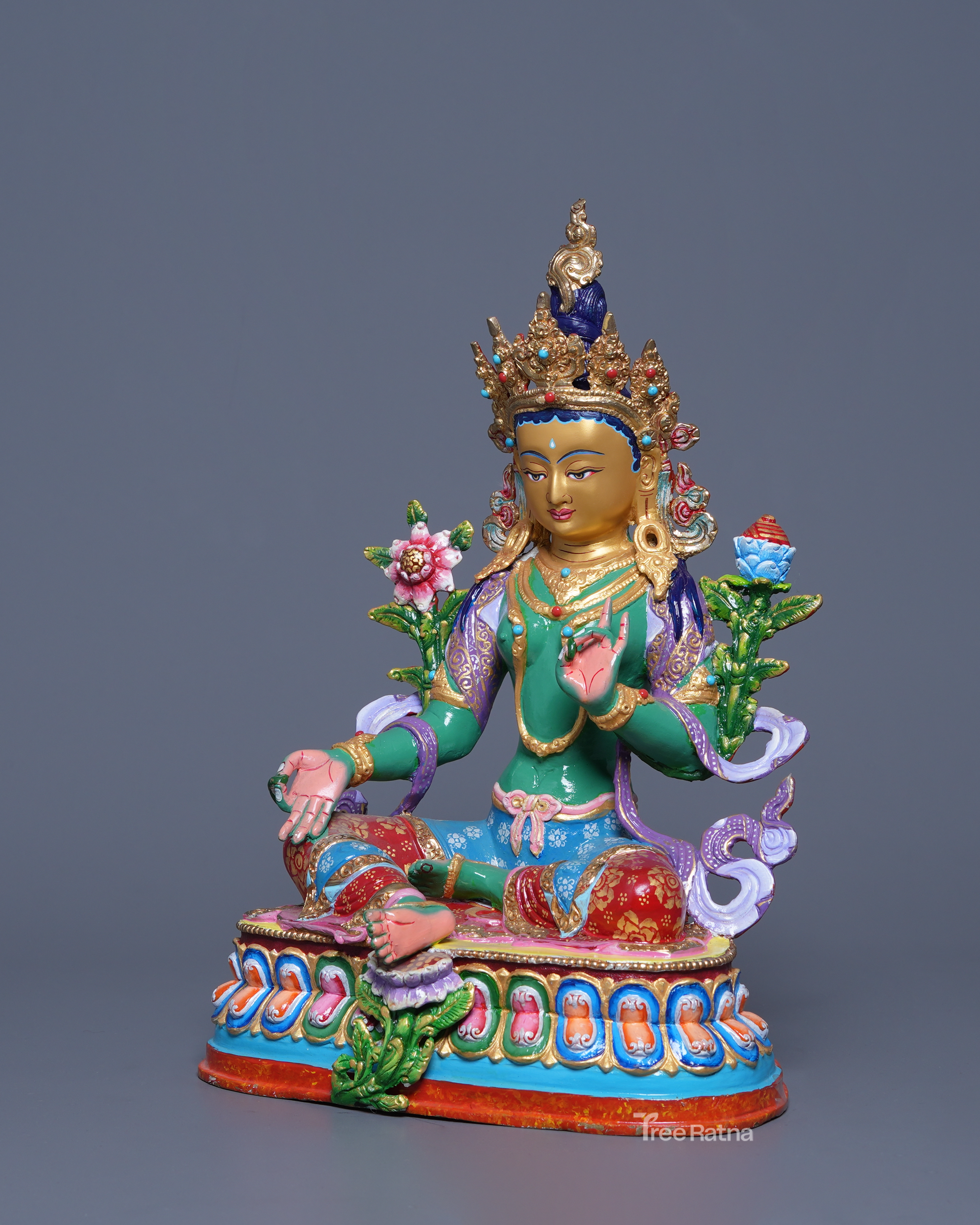 Green Tara Buddhist Statue – Copper with Acrylic & Gold Detailing