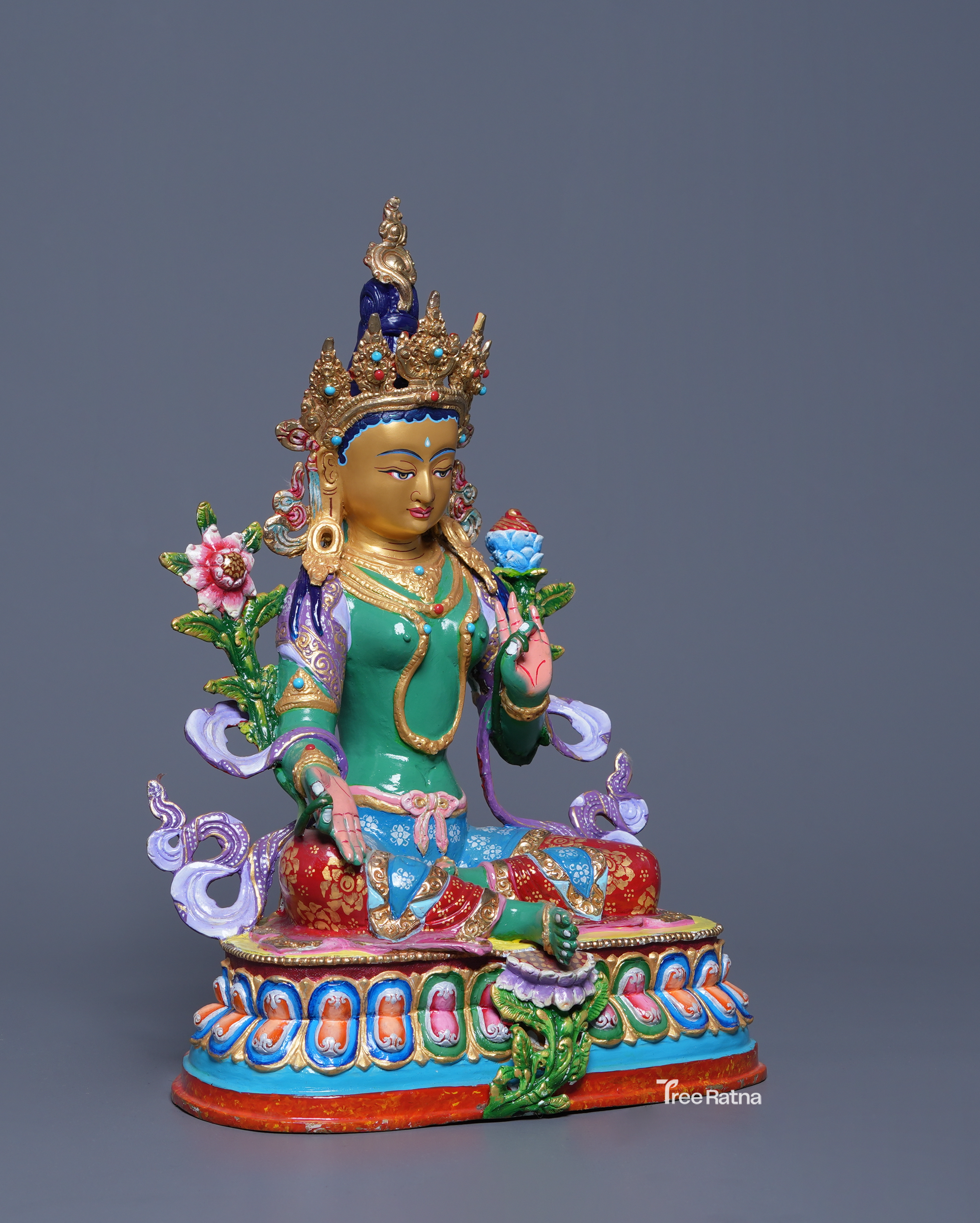 Green Tara Buddhist Statue – Copper with Acrylic & Gold Detailing