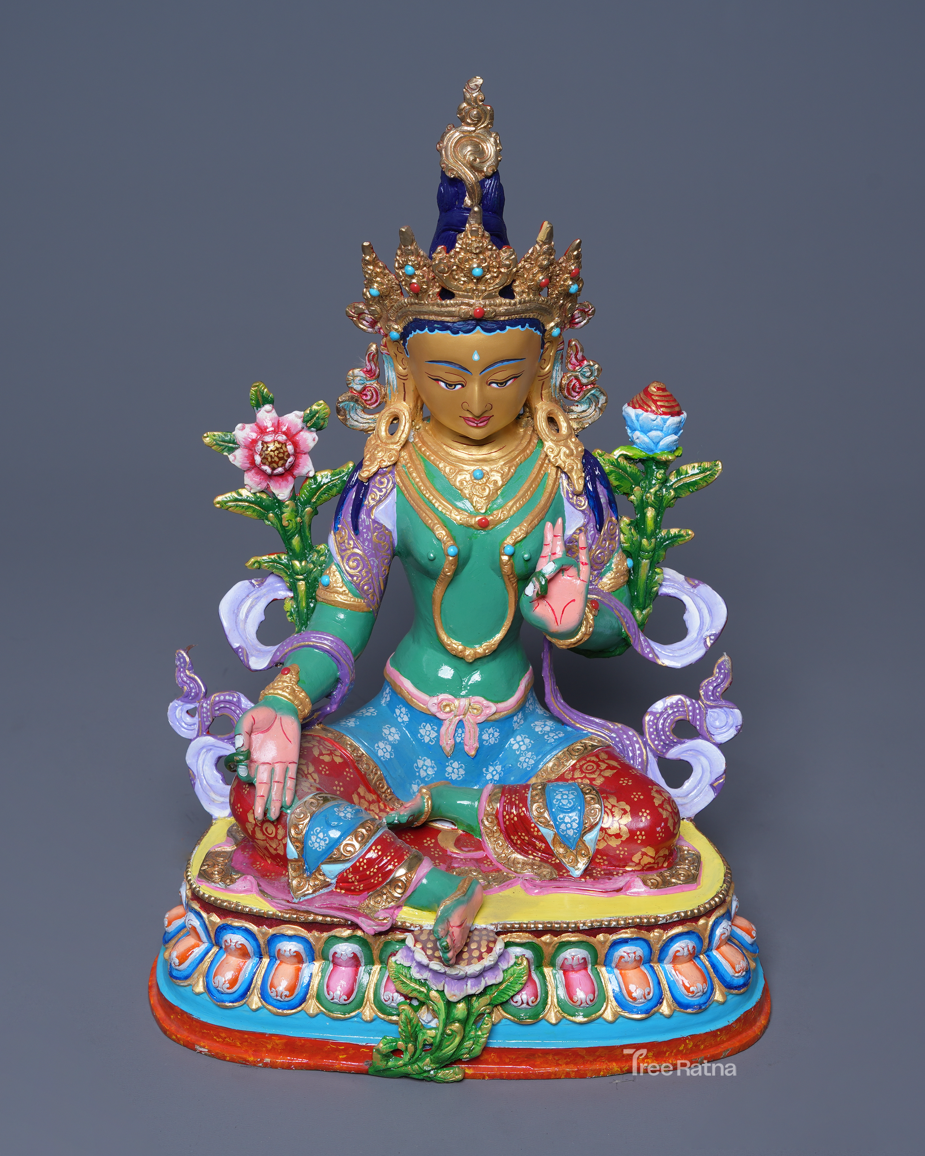 Green Tara Buddhist Statue – Copper with Acrylic & Gold Detailing