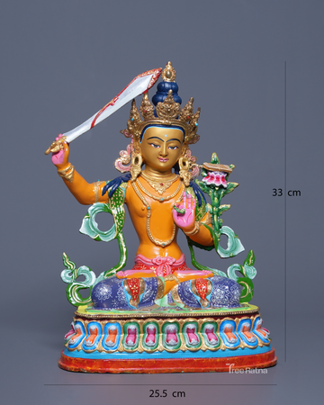 Sacred Manjushri Buddhist Statue – Copper Body, Acrylic Colors & Gold Dust
