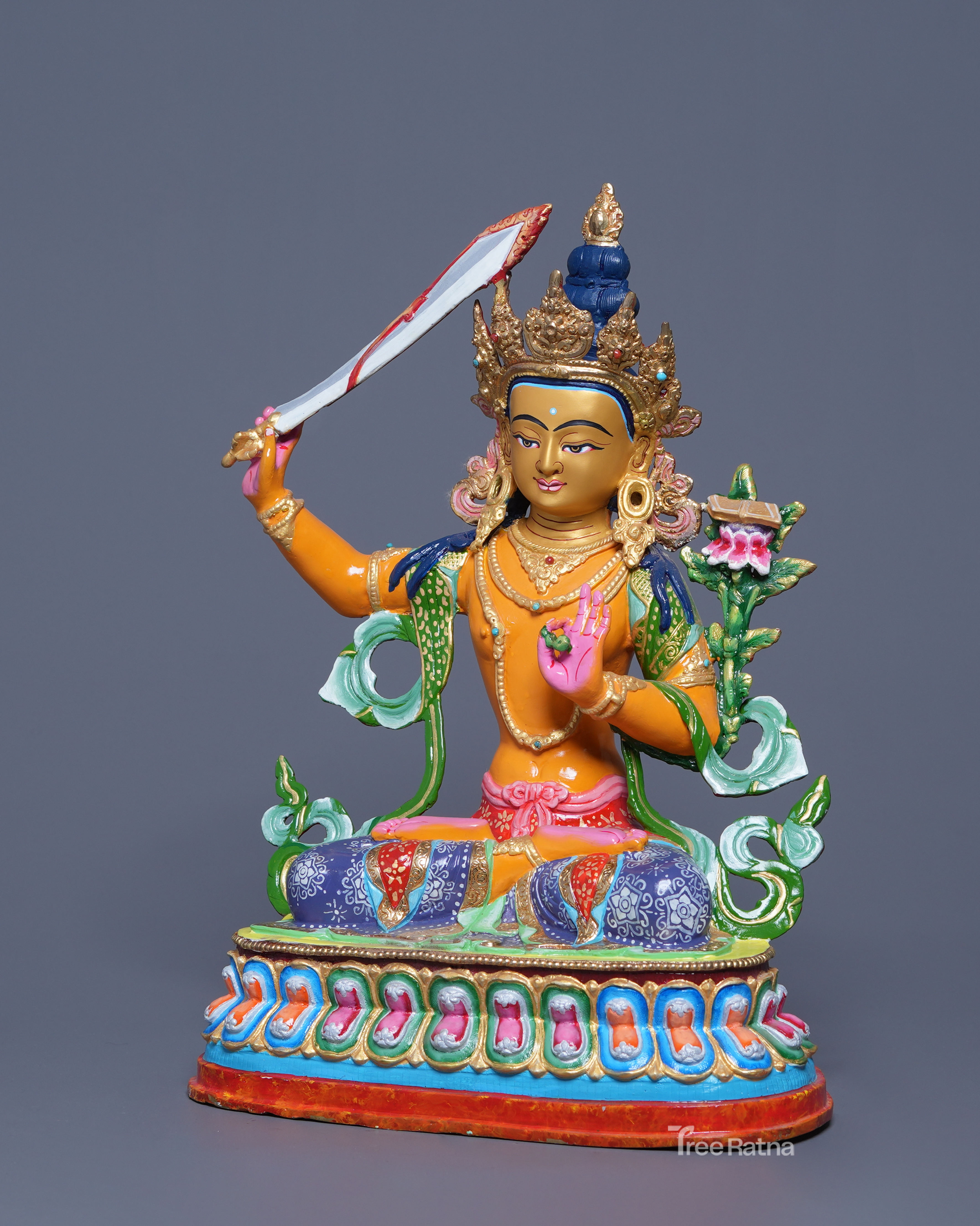 Sacred Manjushri Buddhist Statue – Copper Body, Acrylic Colors & Gold Dust
