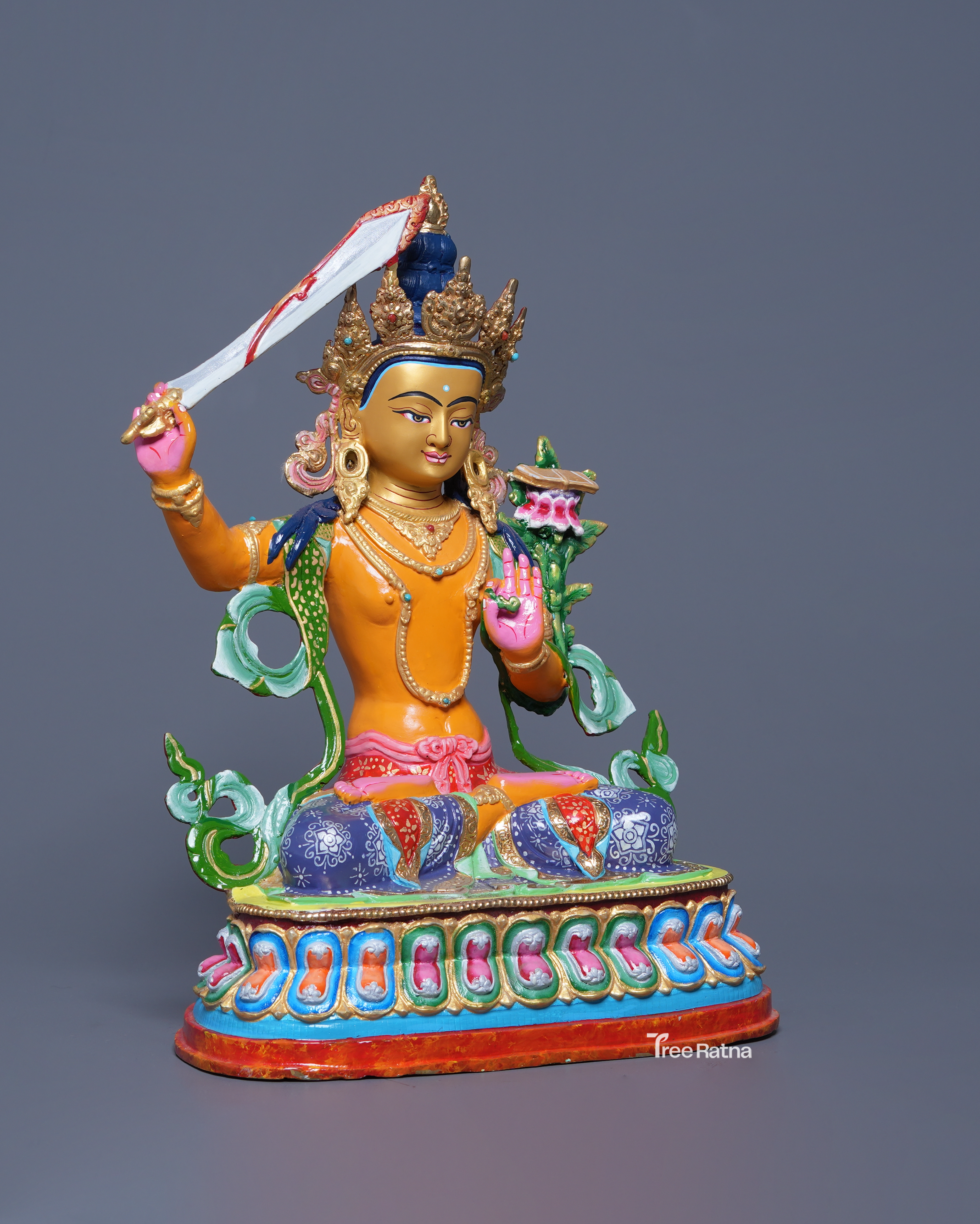 Sacred Manjushri Buddhist Statue – Copper Body, Acrylic Colors & Gold Dust