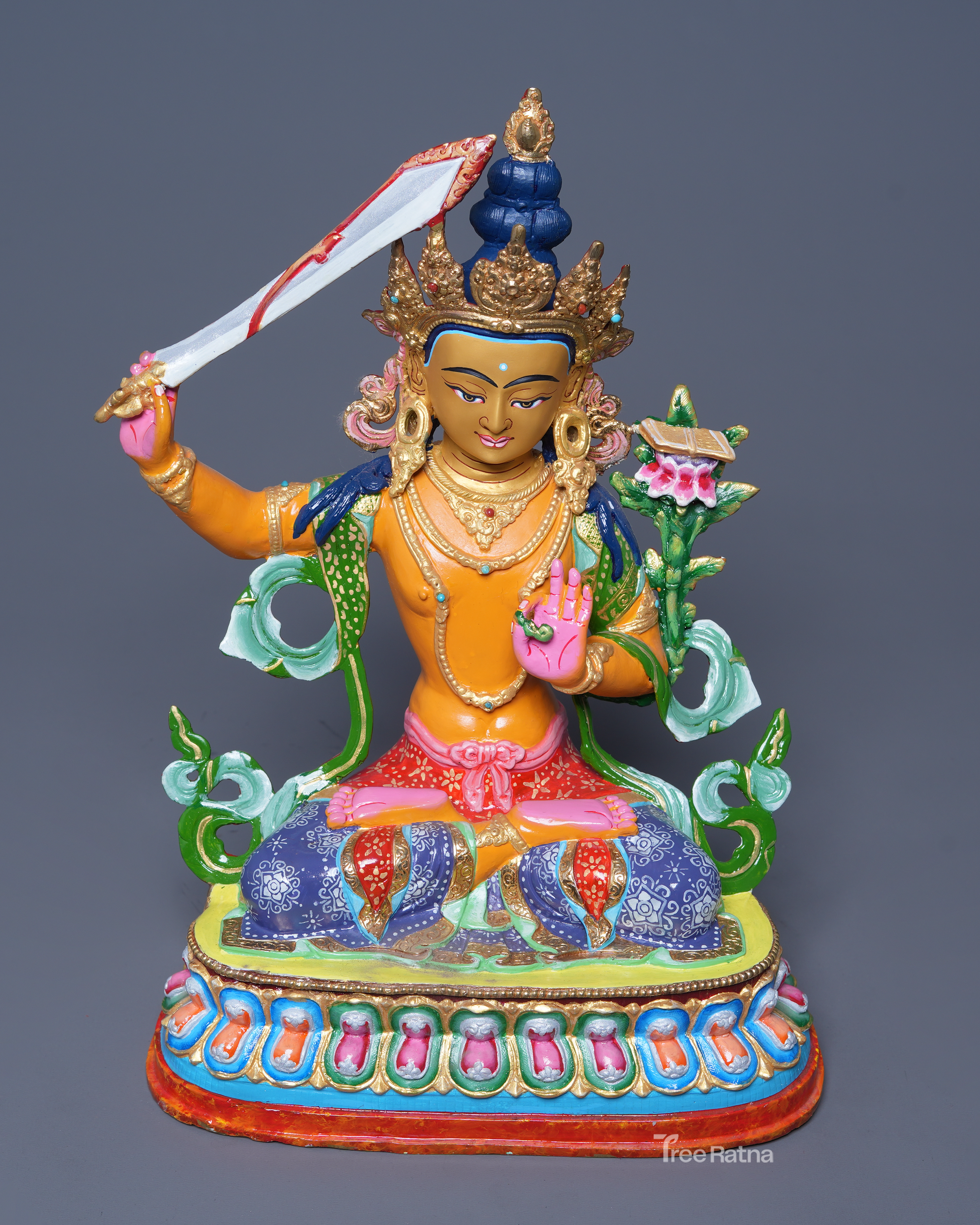 Sacred Manjushri Buddhist Statue – Copper Body, Acrylic Colors & Gold Dust